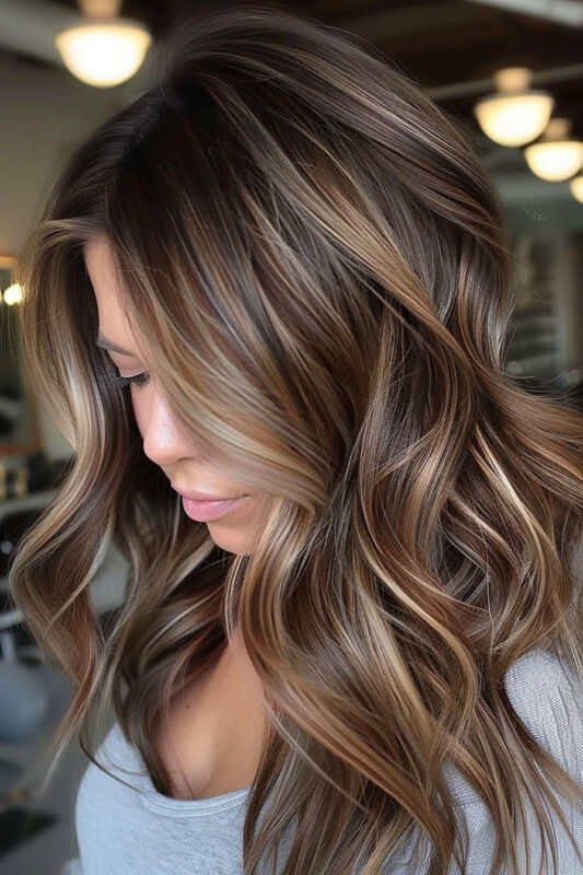 Woman with chestnut hair and caramel highlights.