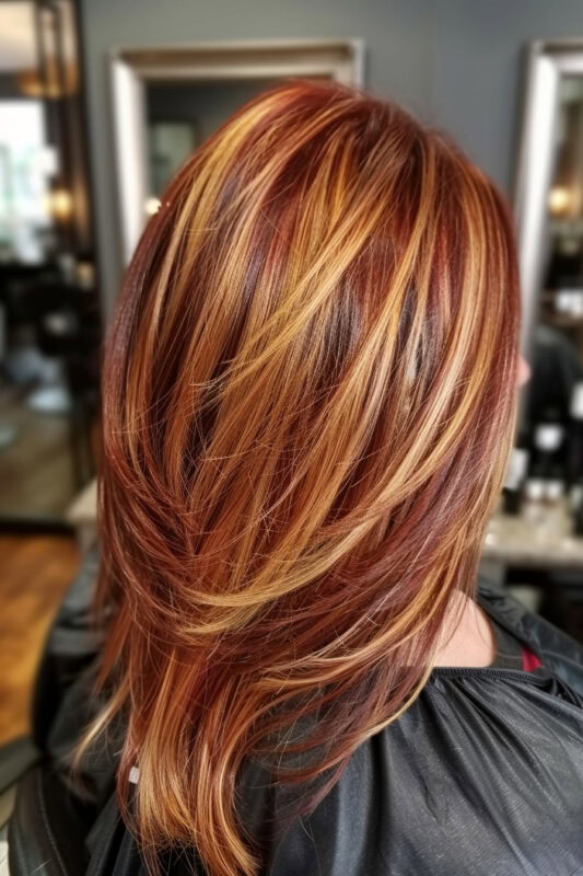 Woman with chestnut red brown hair and blonde highlights.