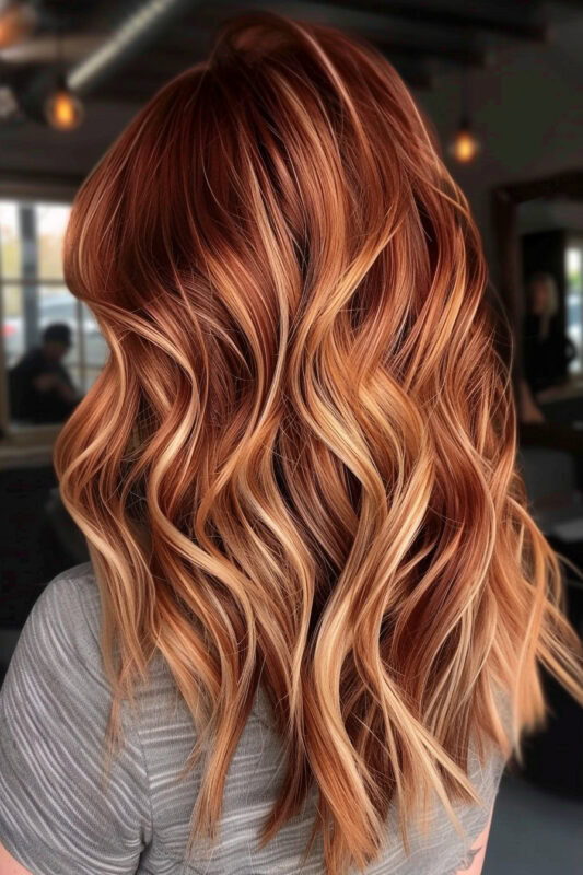 Mujer con cabello canela y reflejos rubios.