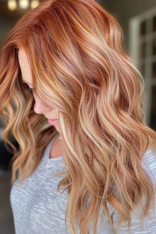 Woman with copper hair and blonde highlights.