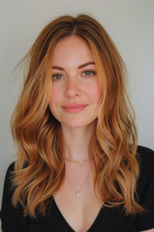 Woman with copper brown hair and blonde highlights.