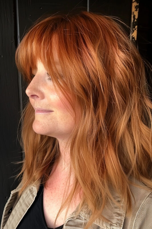 Mujer con cabello cobrizo y mechas rubias.