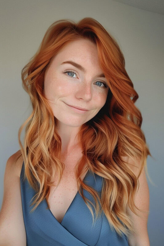 Woman with copper hair and a blonde balayage hairstyle.