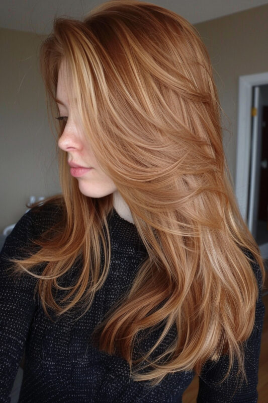 Mujer con cabello cobrizo y mechas.