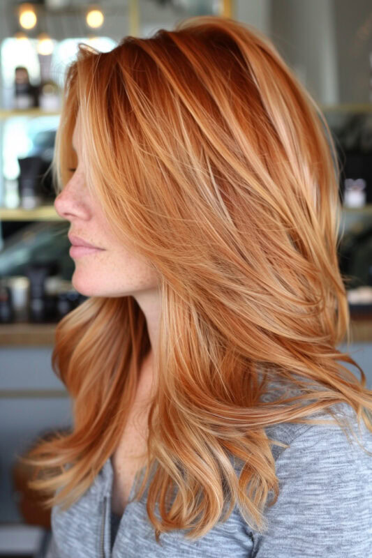 Mujer con cabello cobrizo y reflejos rubio miel.