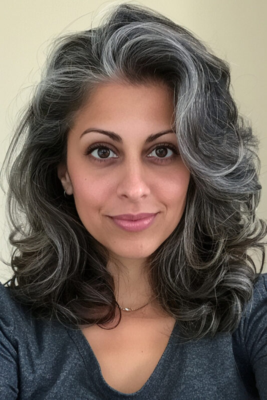 Mujer con cabello oscuro en transición a gris.