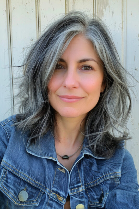 Woman transitioning from dark hair to grey.