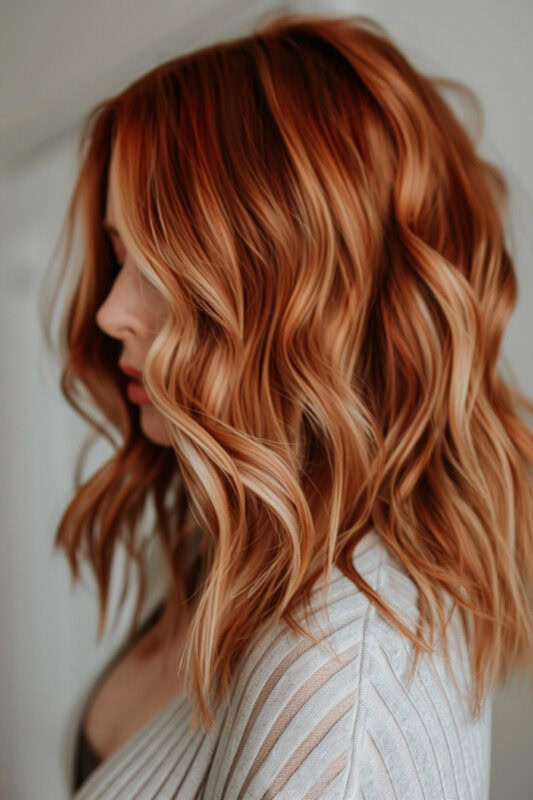 Woman with dark red hair and a blonde balayage.