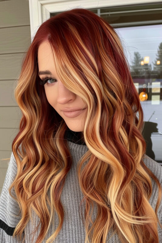 Woman with dark red hair and blonde highlights.