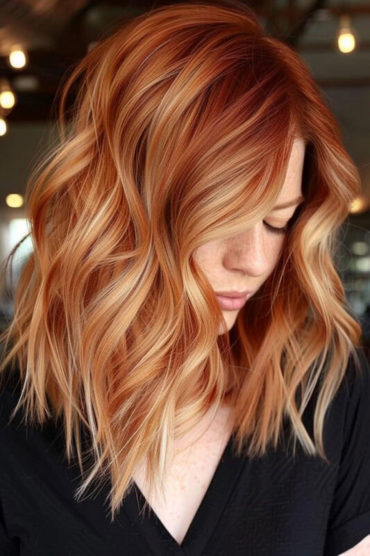 Woman with ginger to blonde balayage hairstyle.