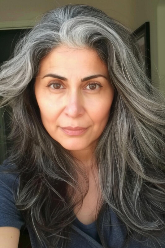 Woman transitioning from black hair to grey.