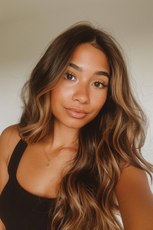 Woman with a golden balayage on her dark brown hair.