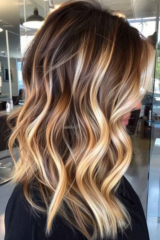 Woman with a golden blonde balayage on her brown hair.