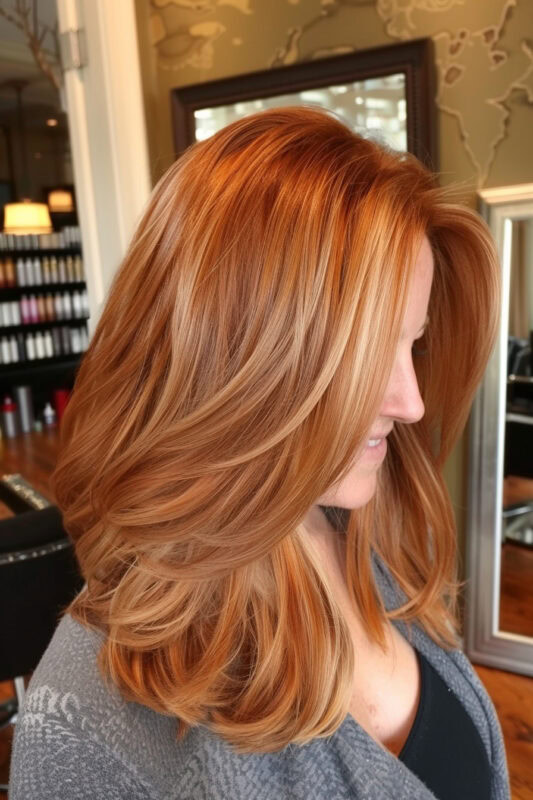 Mujer con un balayage rubio dorado sobre cabello cobrizo.