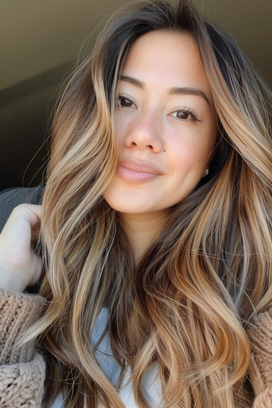 Woman with golden ombre hair that transition from brown to blonde.