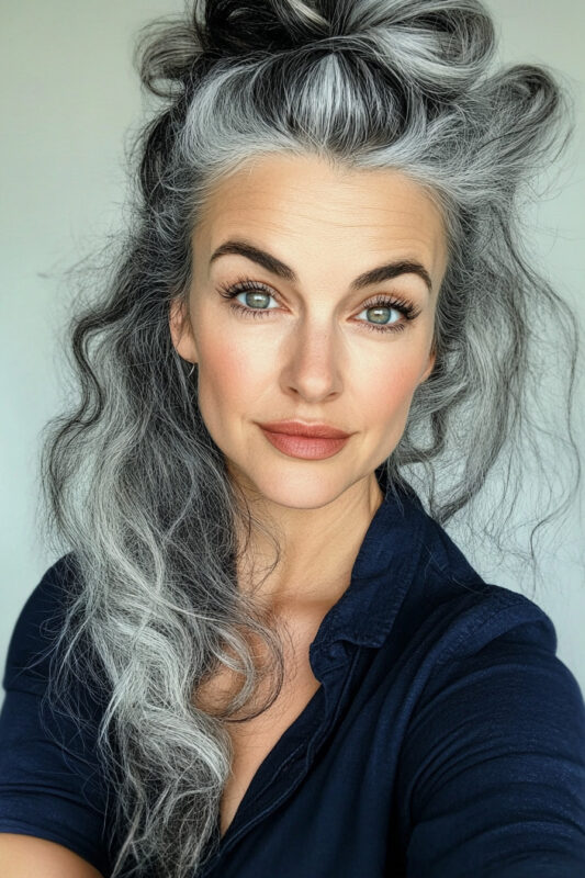 Mujer mostrando una transición gris en secciones de su cabello.