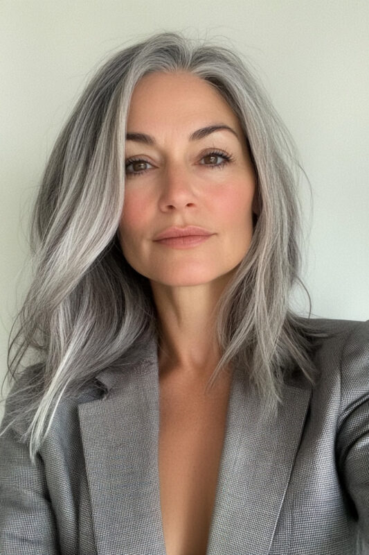 Mujer dejándose crecer el cabello completamente hasta quedar gris.