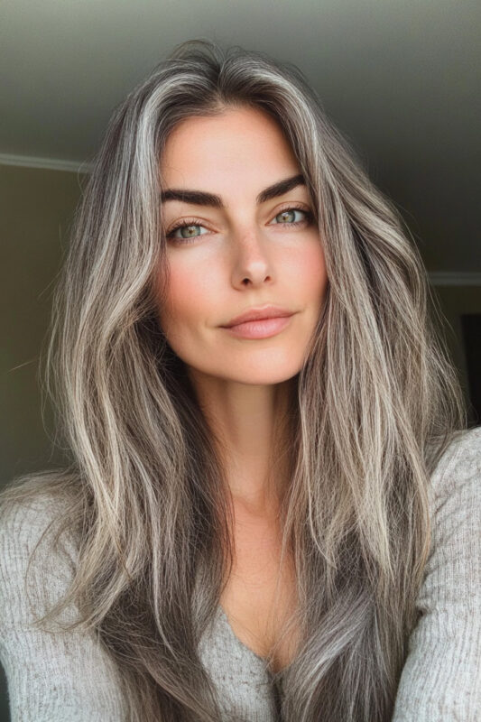 Woman growing out grey hair from brown.