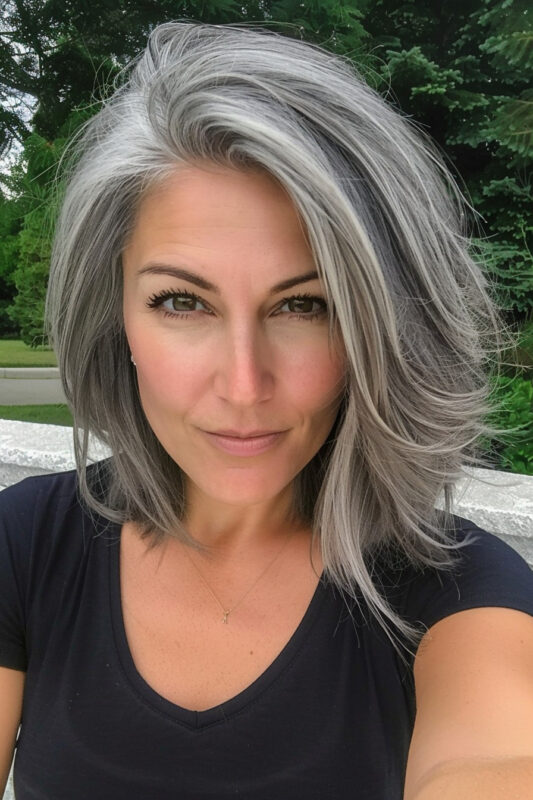 Woman growing out salt and pepper grey hair.