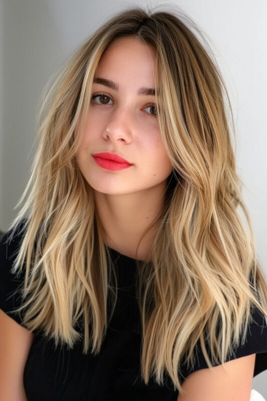 Woman with a honey balayage on her brown hair.