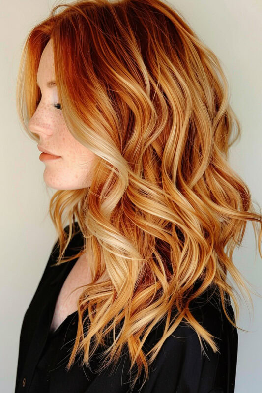 Mujer con balayage rubio miel en su cabello cobrizo.