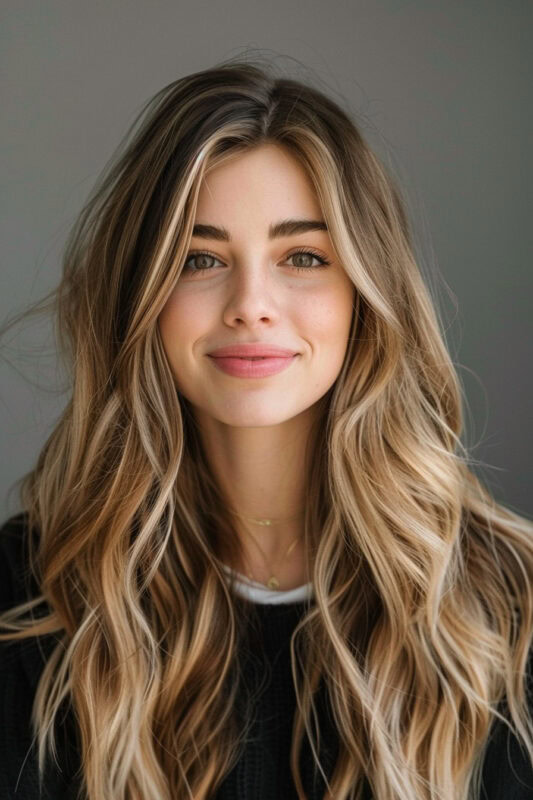 Woman with a honey blonde balayage on her dark hair.