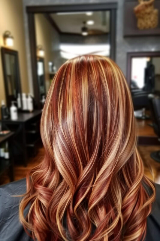 Woman with honey blonde highlights on auburn hair.