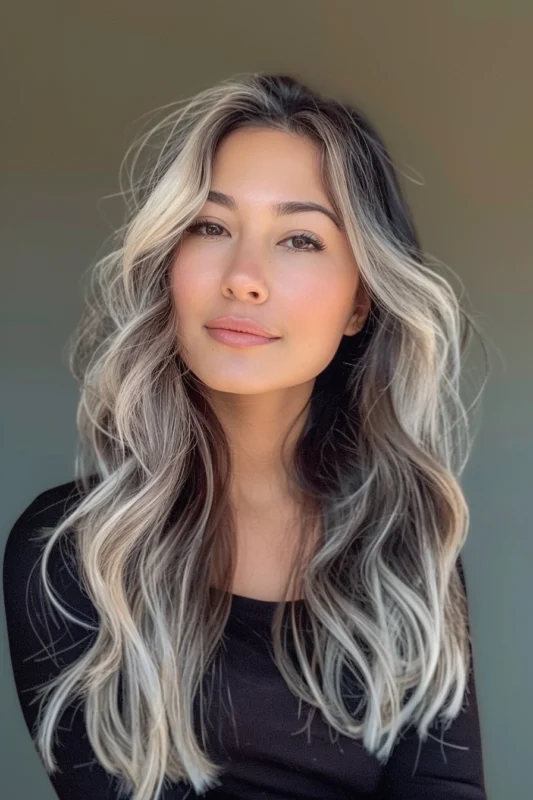 Woman with ash blonde highlights on brown hair.