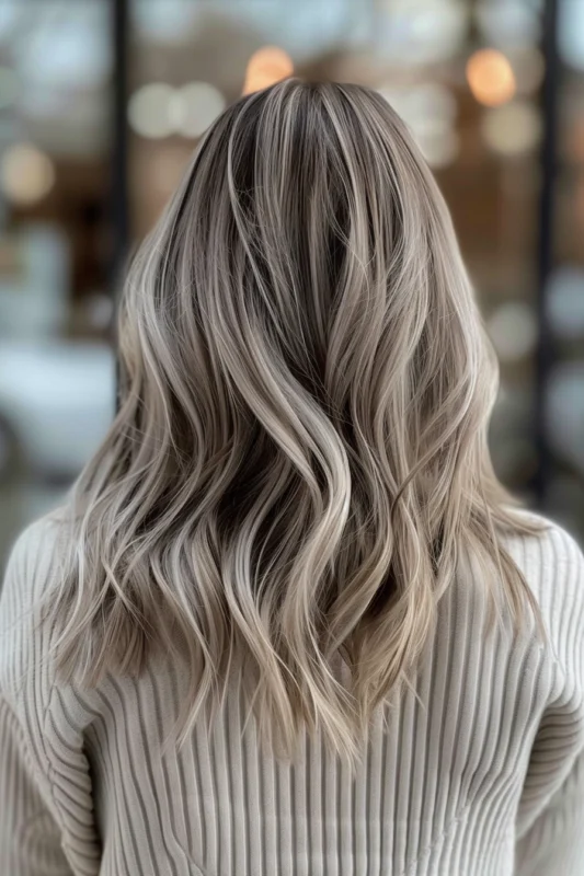 Woman with an ashy blonde and brown hair color combination.