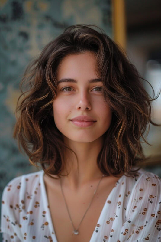 Woman with brown hair and honey highlights.