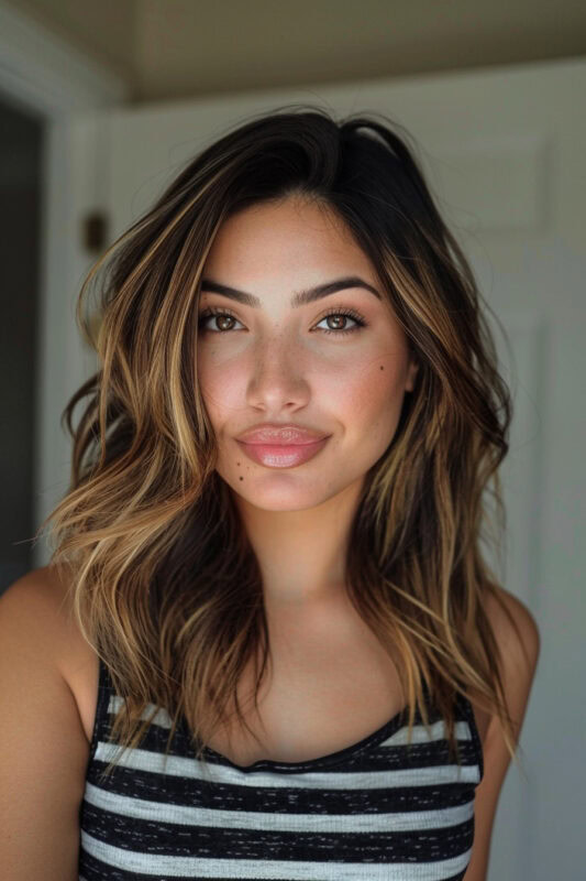 Woman with brown hair and caramel highlights.