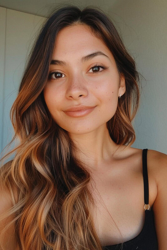 Woman with brown hair and warm ombre in her hair.