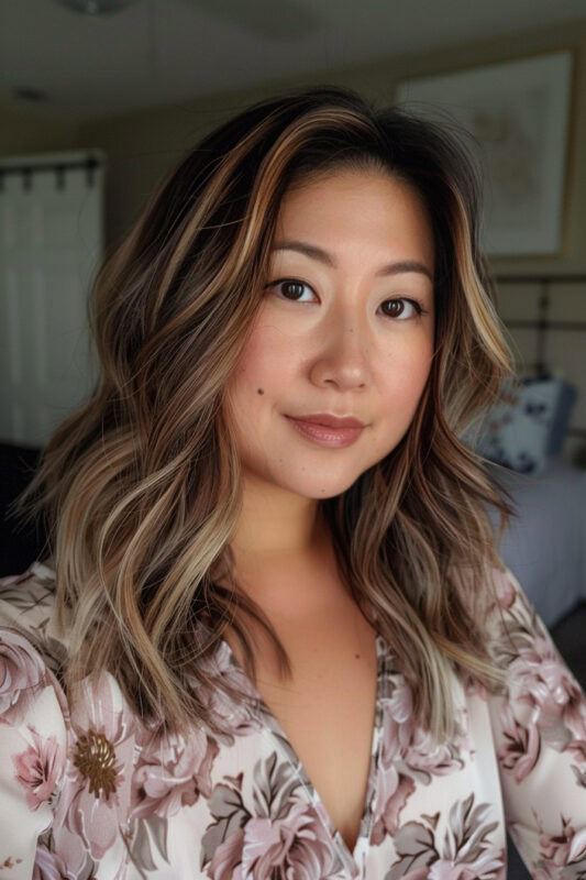 Woman with chocolate brown hair and blonde highlights.