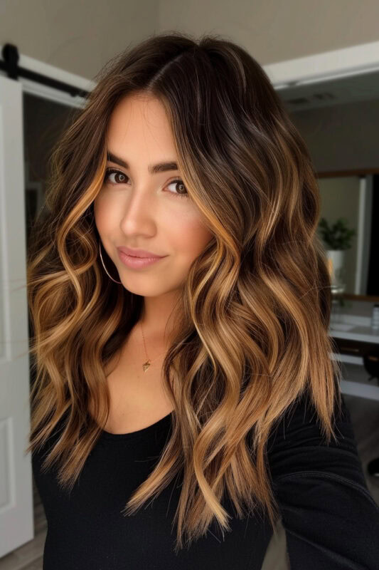 Woman with chocolate brown hair and red ombre.