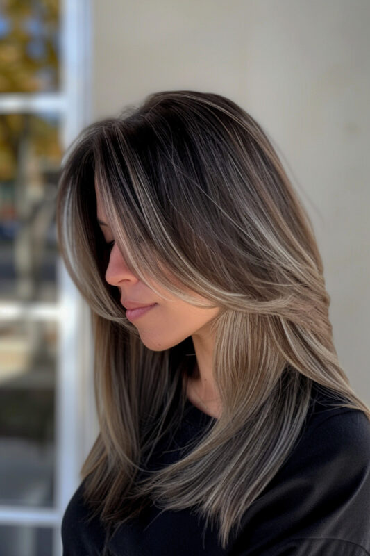 Woman with light brown hair and blonde ombre.