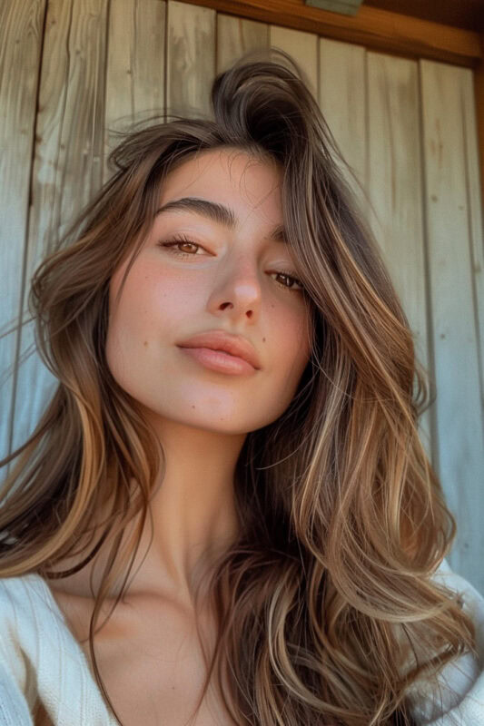 Mujer con reflejos dorados en cabello castaño.