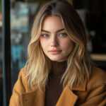 Woman with low maintenance hair color - brown hair and blonde face-framing highlights.