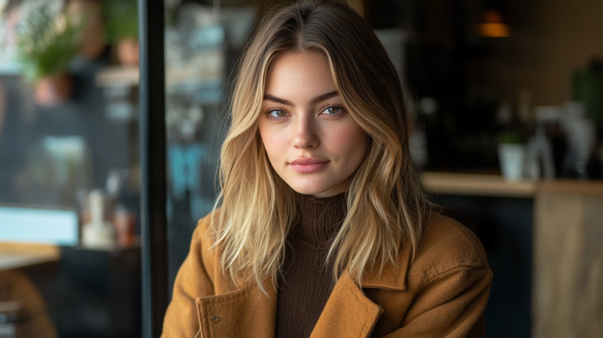 Woman with low maintenance hair color - brown hair and blonde face-framing highlights.