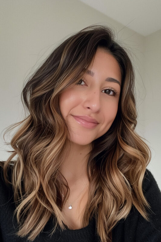 Woman with hazelnut hair color and blonde highlights.