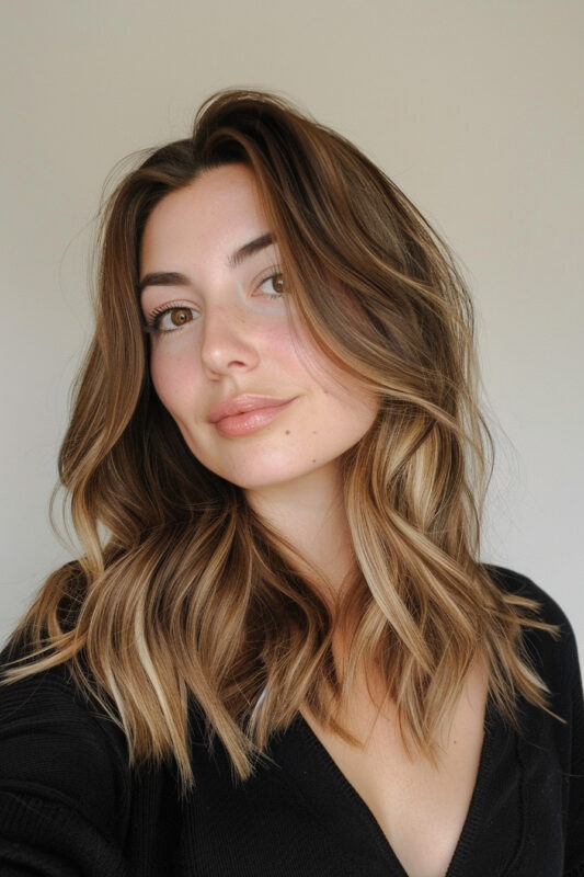 Woman with a honey blonde balayage on her brown hair.