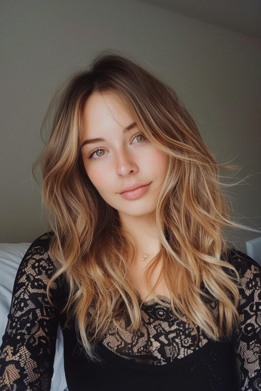 Woman with light brown balayage and blonde hair.