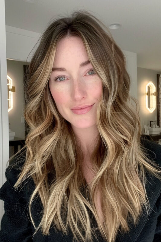 Woman with strawberry blonde highlights on her brown hair.