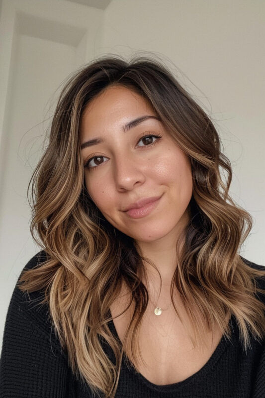 Mujer con cabello castaño medio y reflejos beige.