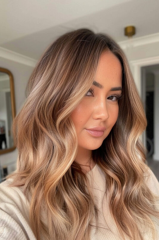 Woman with an ashy blonde and brown hair color combination.