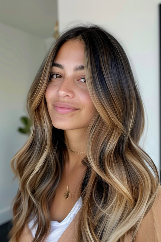 Mujer con balayage castaño bronceado en su cabello.