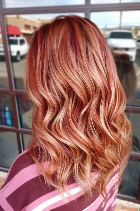 Mujer con cabello rubio fresa color melocotón.