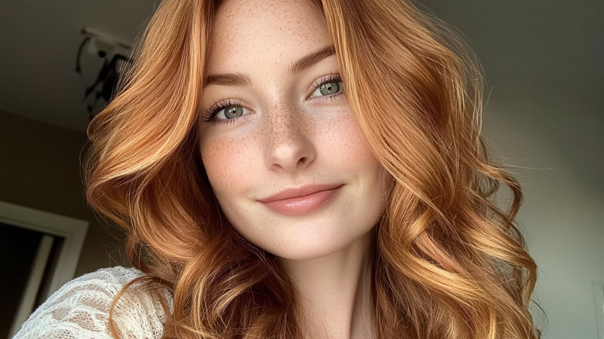 Woman with light copper red hair and subtle blonde babylights.