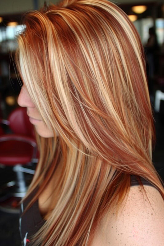 Mujer con cabello pelirrojo y reflejos rubios.