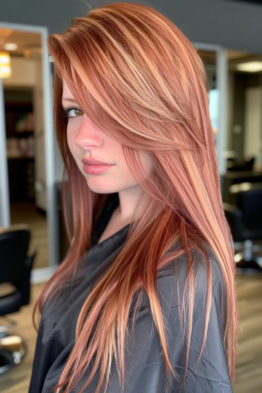 Woman with rose pink hair and blonde highlights.