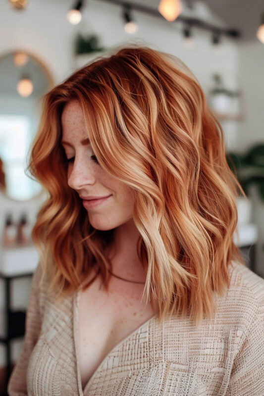 Woman with a strawberry blonde color melt hairstyle.